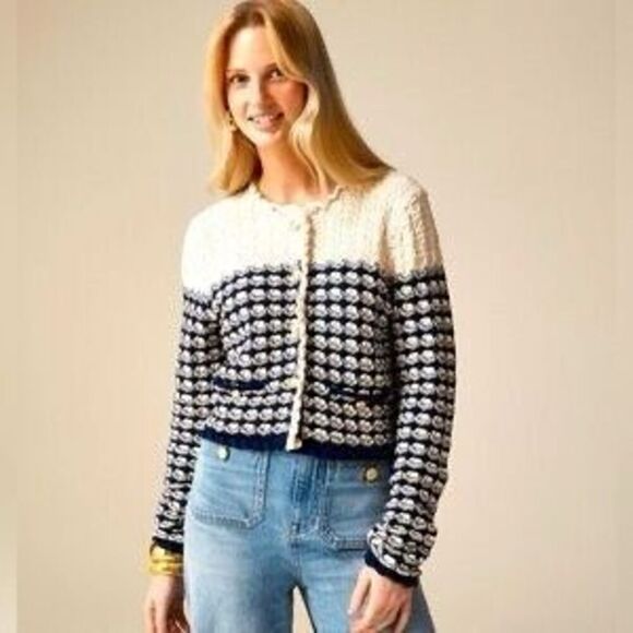 J. Crew Lady Cardigan Jacket Cropped Textured Crochet Gold Buttons‎ Navy Cream L - Picture 1 of 14